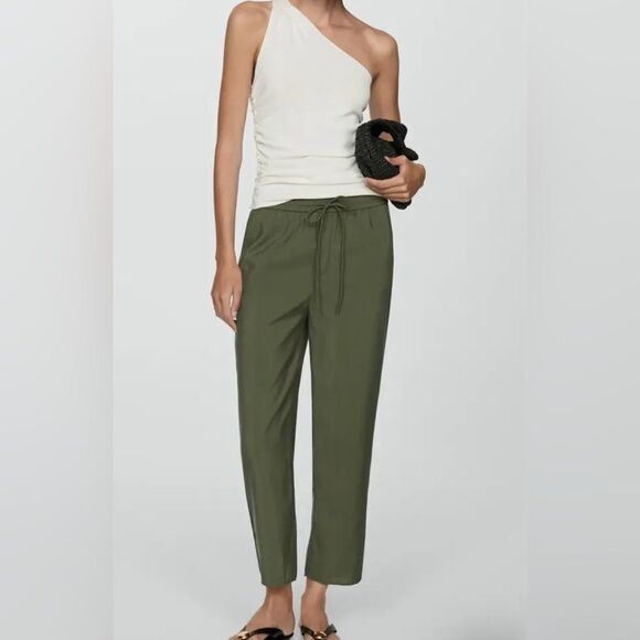Zara Drawstring Ankle Straight Leg Pants In Forest Green Size L - Picture 1 of 8